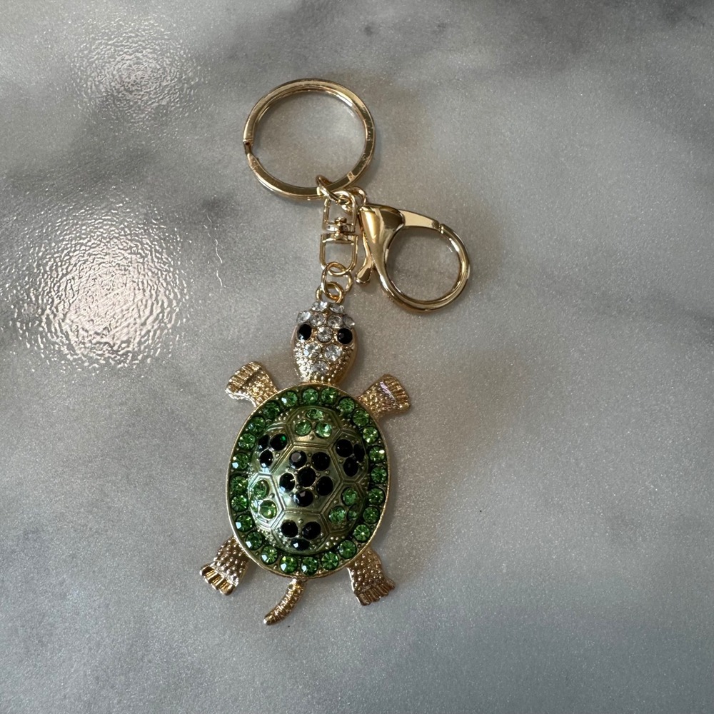 Green Rhinestone Turtle Keychain Bag Charm Key Ring Purse Charm